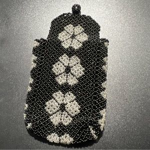 Vtg Native American Medicine Pouch Black & Clear Floral Seed Bead Woven Satchel